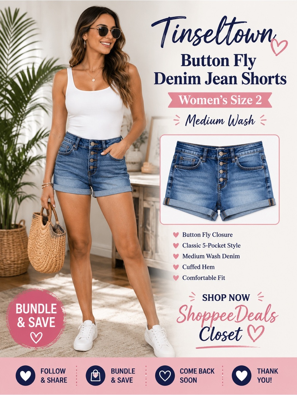 Tinseltown Button Fly Denim Jean Shorts – Women’s Size 2 – Medium Wash